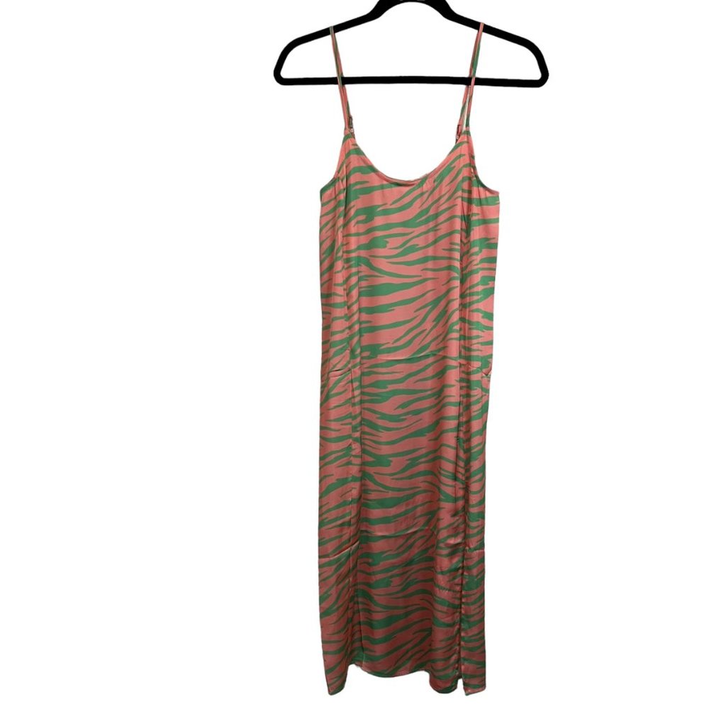 Collusion Strappy Slip Dress Side Slit Pink Green Zebra Print Midi Womens Size 2